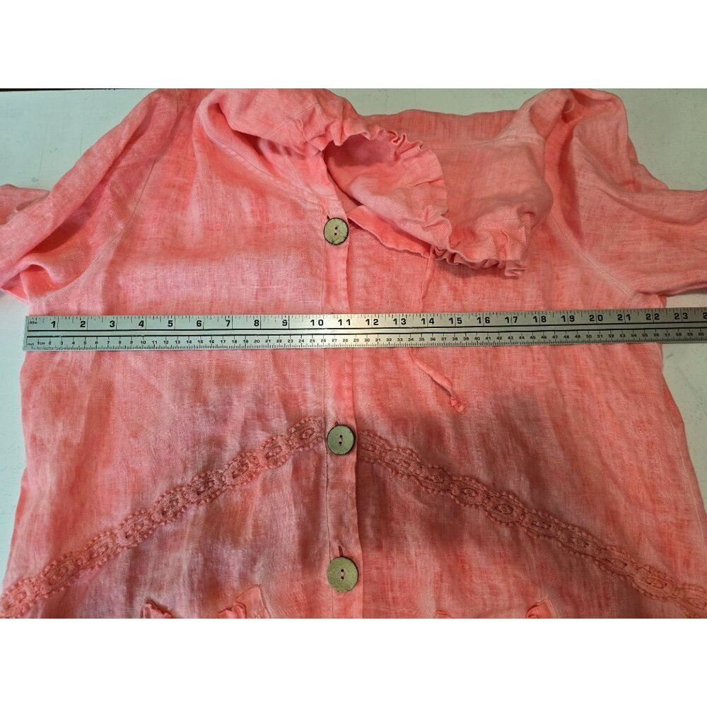 Fantazia Pink Oversized Lagenlook Ruffled Button-Front Linen Jacket With Pockets - Picture 4 of 6
